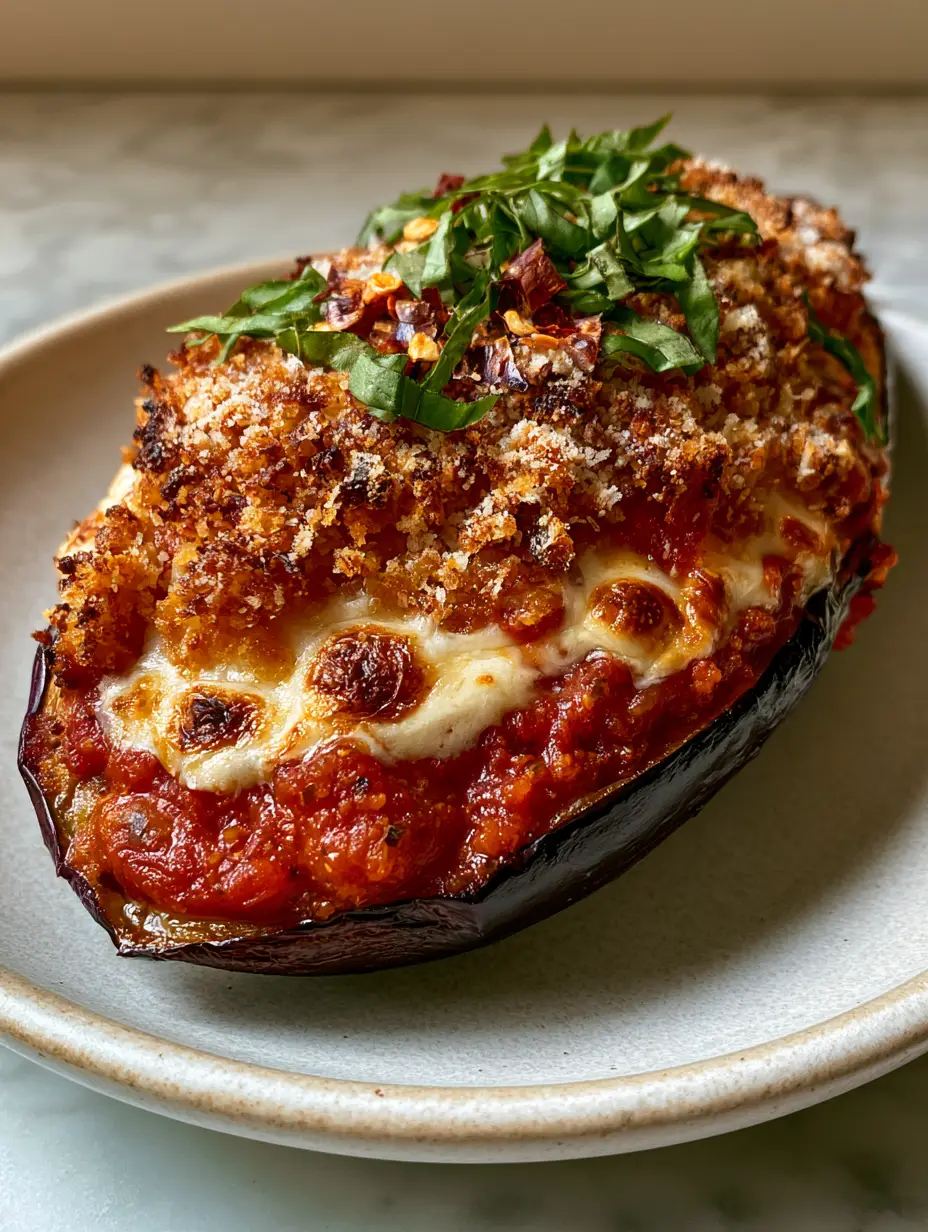 Handheld photo of a perfectly roasted stuffed eggplant parmesan boat with vibrant marinara.