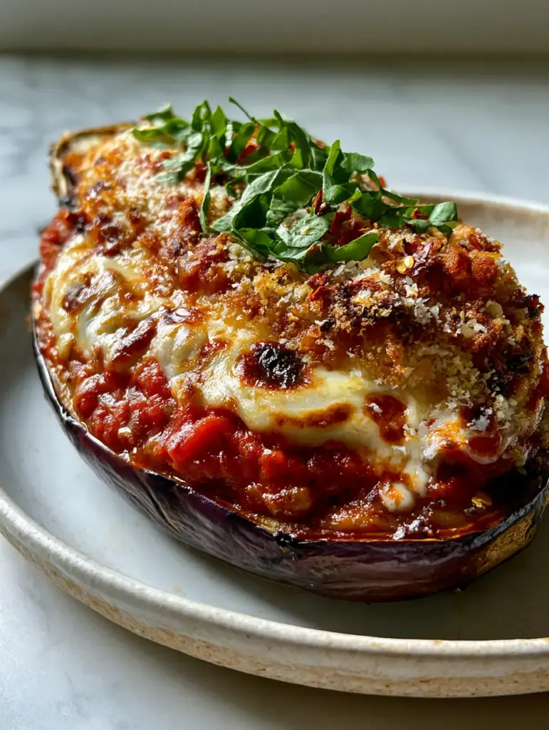 Stuffed eggplant parmesan showing golden-brown toasted spots on melted mozzarella and fresh basil chiffonade.