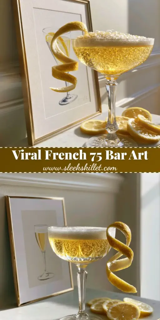 French 75 Cocktail Print: The Ultimate Guide to an Aesthetic Champagne Classic 4 A minimalist French 75 cocktail print in a champagne-gold frame sitting on a marble bar cart next to a crystal coupe glass. (French 75 cocktail print)