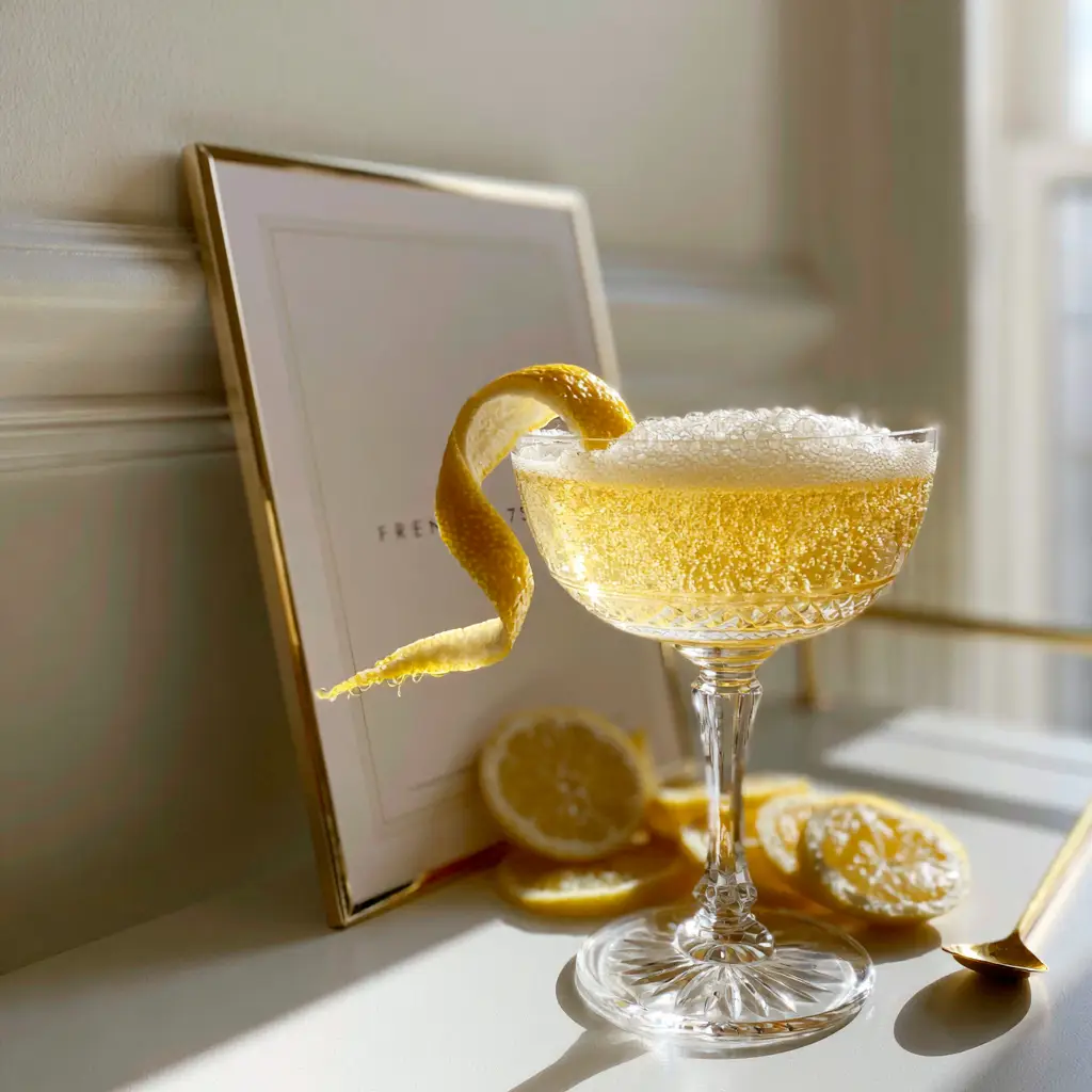 Luxury bar cart with a French 75 cocktail print, a vintage crystal coupe, and golden champagne bubbles. (French 75 cocktail print)