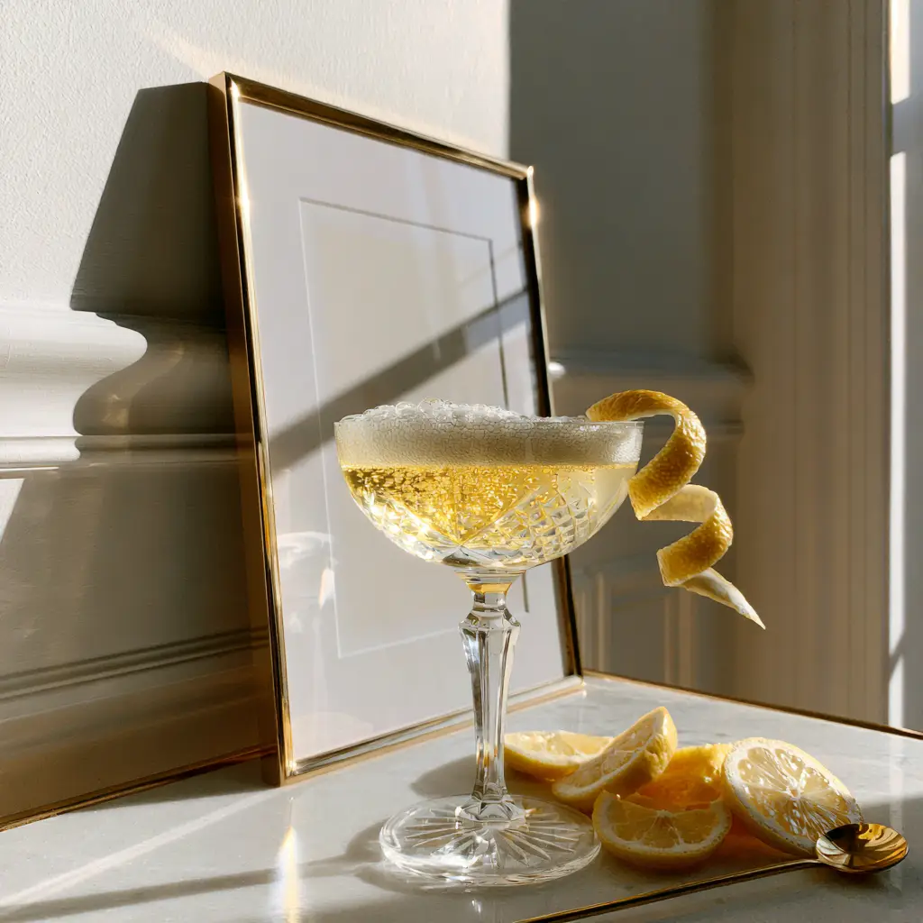 French 75 Cocktail Print: The Ultimate Guide to an Aesthetic Champagne Classic 1 Close up of a French 75 cocktail in a crystal coupe glass featuring a long lemon twist and crystalline condensation.