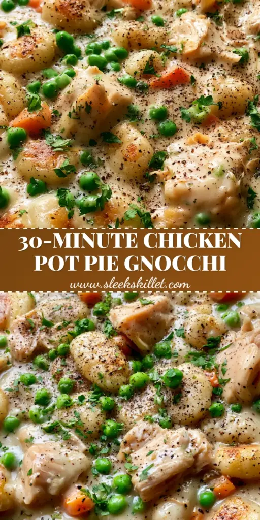 One Pot Gnocchi Chicken Pot Pie with Pan-Seared Potato Gnocchi 4 A rustic cast iron skillet filled with One Pot Gnocchi Chicken Pot Pie featuring seared gnocchi, ivory sauce, and bright green peas.