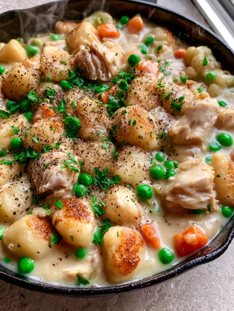 One Pot Gnocchi Chicken Pot Pie with Pan-Seared Potato Gnocchi 2 Close-up of One Pot Gnocchi Chicken Pot Pie showing golden-brown seared gnocchi edges and glossy garlic cream sauce.