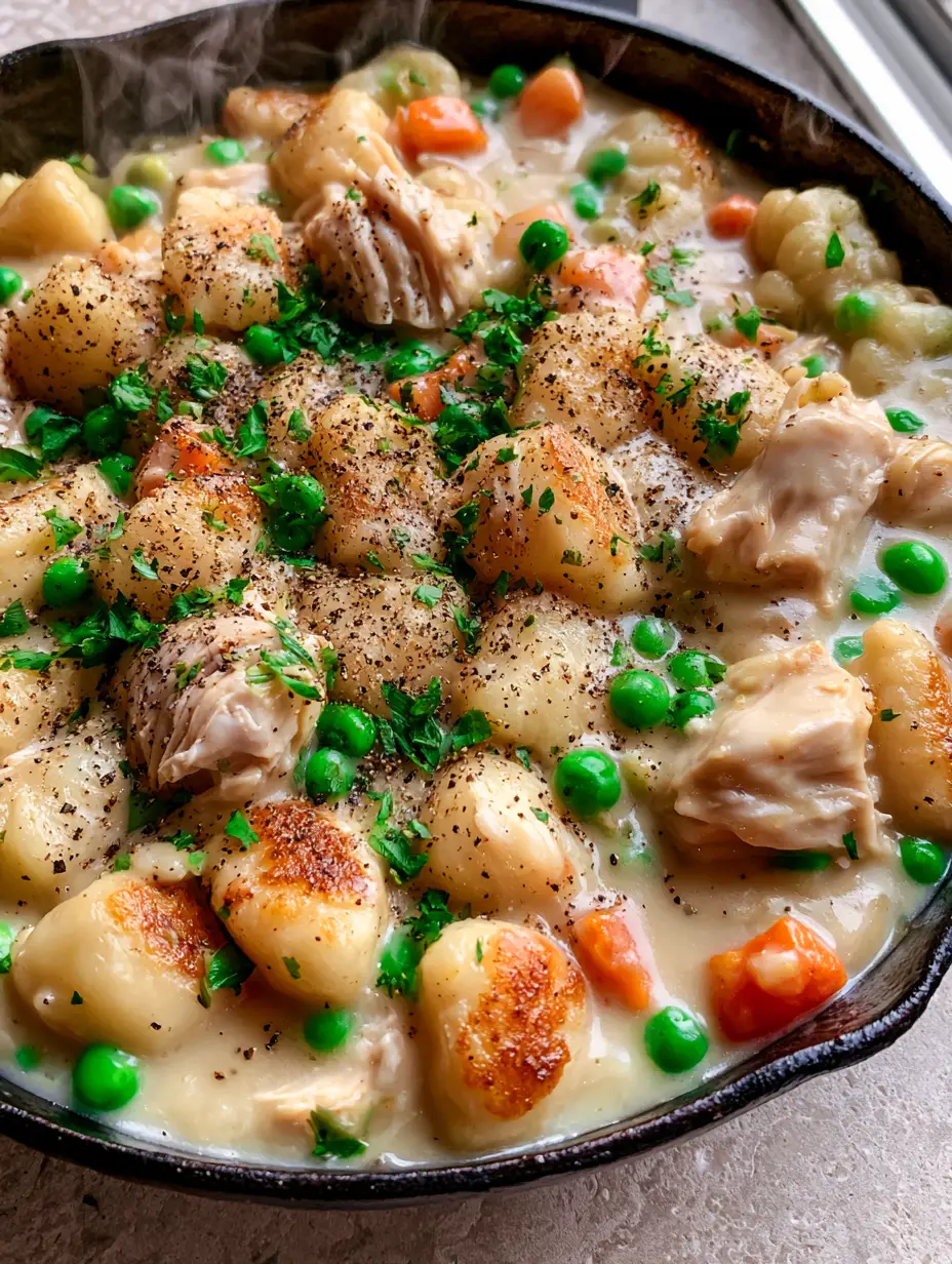 One Pot Gnocchi Chicken Pot Pie with Pan-Seared Potato Gnocchi 3 Close-up of One Pot Gnocchi Chicken Pot Pie showing golden-brown seared gnocchi edges and glossy garlic cream sauce.