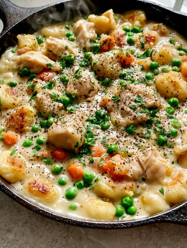 One Pot Gnocchi Chicken Pot Pie with Pan-Seared Potato Gnocchi 1 Top-down view of One Pot Gnocchi Chicken Pot Pie with vibrant carrots, peas, and heavy cracked black pepper.