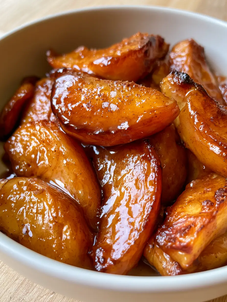Macro shot of tender air fryer cinnamon apples with glistening amber syrup and curled edges.