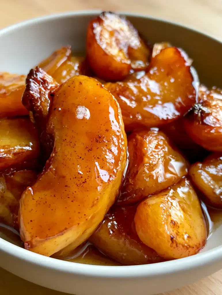 Golden-orange air fryer cinnamon apples in a minimalist matte white ceramic bowl.