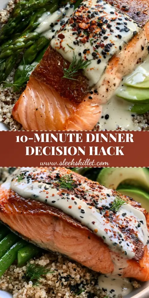 Recipe Ideas: Crispy Skin Seared Salmon and Toasted Quinoa Bowls 4 A curated Pinterest pin showing a close-up of a crispy salmon bowl with tahini sauce and quinoa. (Recipe Ideas)
