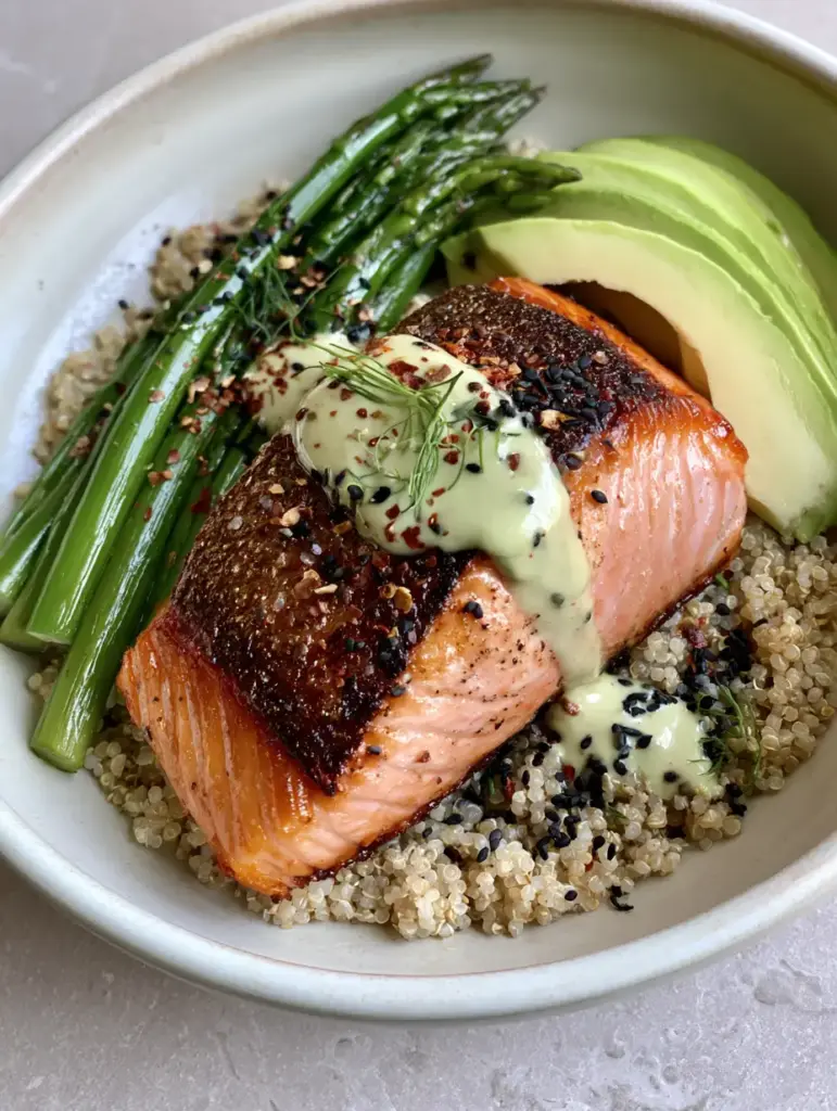 Recipe Ideas: Crispy Skin Seared Salmon and Toasted Quinoa Bowls 1 Close up of glossy lemon-tahini sauce drizzled over crispy salmon skin and sesame seeds.