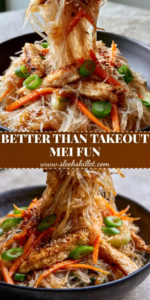 A professional noodle pull of Chicken Mei Fun with golden chicken, julienned carrots, and sesame seeds in a black bowl. (Chicken Mei Fun)