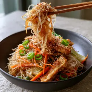 Macro shot of translucent rice vermicelli noodles and golden-seared chicken breast in Chicken Mei Fun. (Chicken Mei Fun)