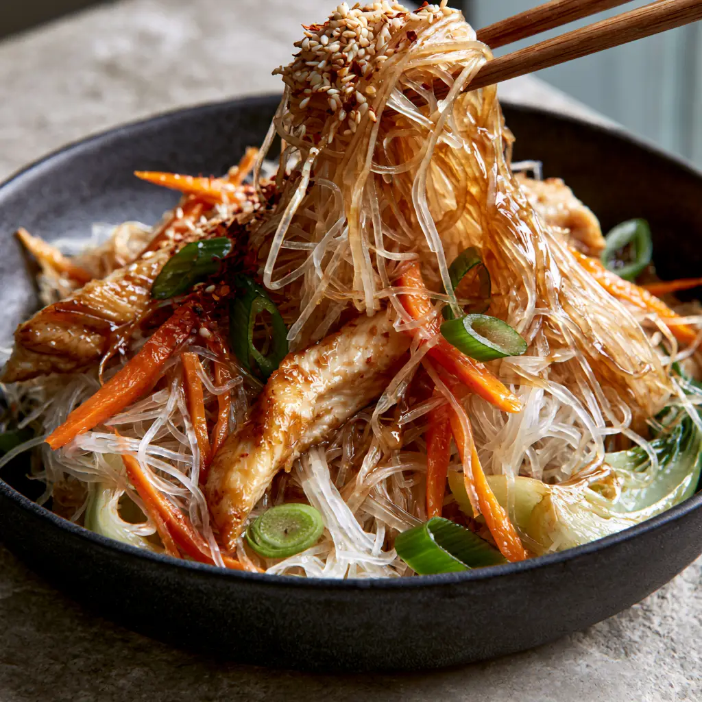 A mountain of Chicken Mei Fun glistening with soy-ginger glaze in a matte-black ceramic bowl.