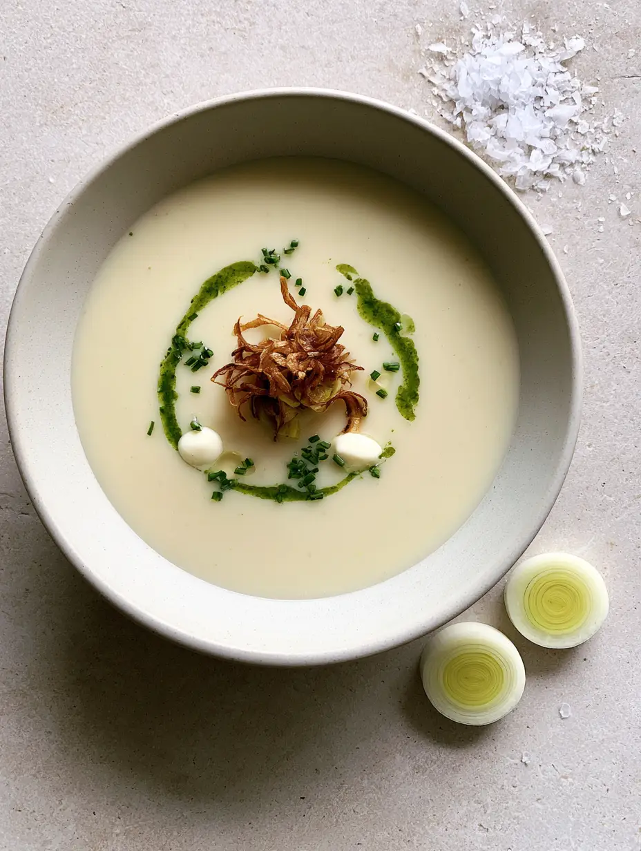 Potato Leek Soup Recipe: The Ultimate Ultra-Silky and Creamy Classic 3 A shallow ceramic bowl of smooth potato leek soup recipe showing the herb oil swirl and cream drops in soft window light.