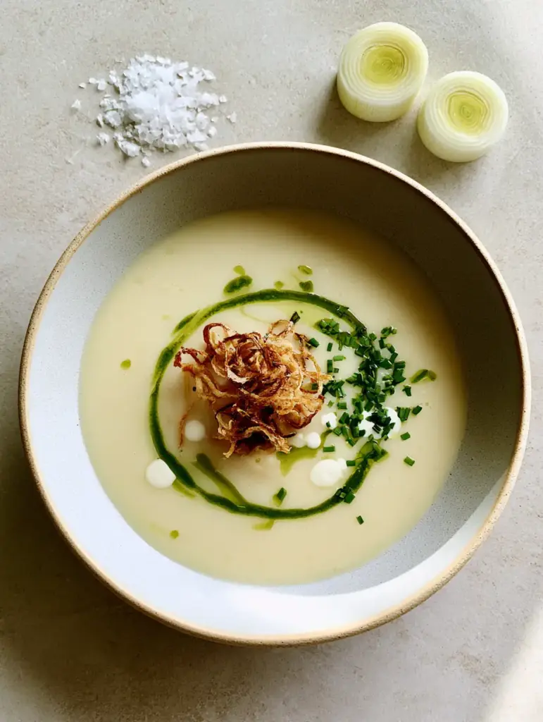 Potato Leek Soup Recipe: The Ultimate Ultra-Silky and Creamy Classic 1 High-angle view of a professional potato leek soup recipe with a cluster of frizzled leeks in the center on a light stone surface.