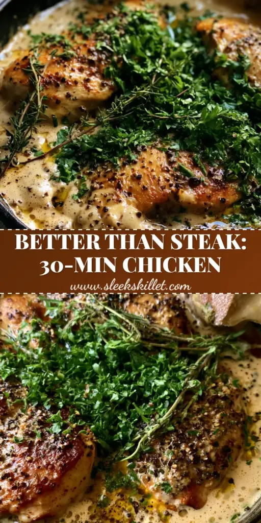 Chicken au poivre: The Ultimate Pan-Seared Peppercorn Chicken with Crusty Sourdough 3 A rustic black cast iron skillet containing golden-brown pan-seared Chicken au poivre in a thick, glossy cream-colored peppercorn sauce with torn sourdough bread.