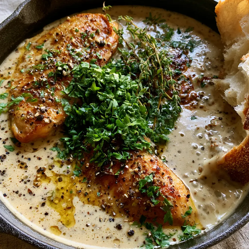 Chicken au poivre: The Ultimate Pan-Seared Peppercorn Chicken with Crusty Sourdough 1 A top-down view of Chicken au poivre garnished with fresh parsley and thyme sprigs in a cast iron pan.