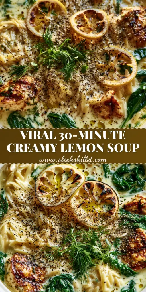 Chicken Orzo Soup with Silk-Textured Lemon-Egg Broth 3 A luxurious bowl of chicken orzo soup with a creamy lemon-egg broth, seared chicken, and charred lemon slices. (chicken orzo soup)