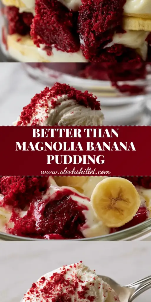 Red Velvet Banana Pudding: The Ultimate Creamy Layered Dessert 4 A vertical split-screen showing layers of Red Velvet Banana Pudding in a glass dish and a spoon scooping billowy cream cheese whipped cream.