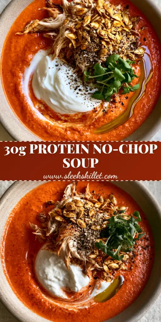 high protein soups: Creamy Roasted Red Pepper and Rotisserie Chicken Soup 4 A top-down shot of a high protein soup featuring creamy roasted red pepper base with a mountain of shredded chicken and pumpkin seeds. (high protein soups)