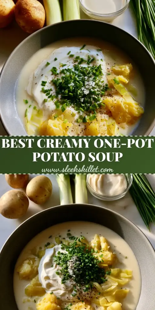 Vegetarian Potato Soup Recipe with Smashed Yukon Golds and Leeks 4 A matte dark-grey ceramic bowl filled with creamy ivory Vegetarian potato soup recipe, featuring hand-smashed potatoes, leek ribbons, a heavy cream swirl, and fresh chives.