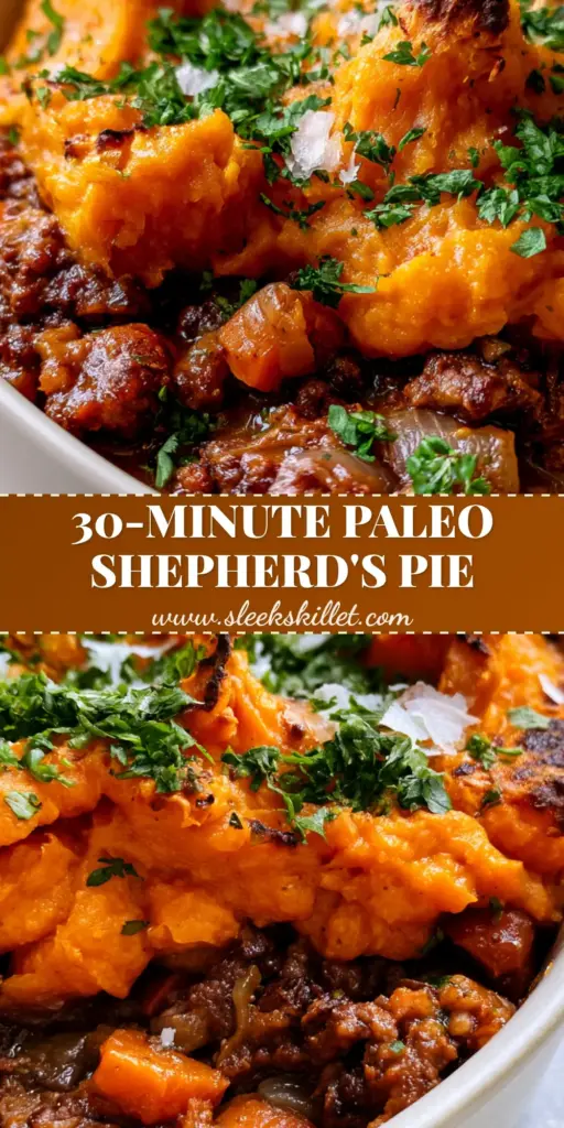 Paleo Sweet Potato Shepherd's Pie: The Ultimate Comfort Food Recipe 4 A close-up shot of Paleo sweet potato shepherd's pie with charred potato peaks, fresh parsley, and sea salt flakes in a white ceramic dish.
