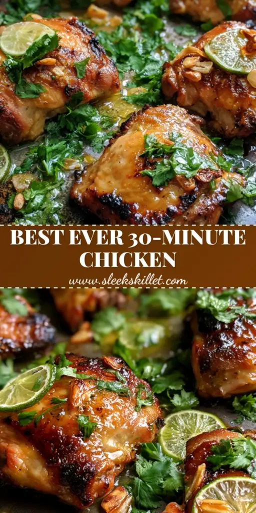 Cilantro Lime Chicken Thighs with Crispy Charred Skin 3 A rustic dark metal sheet pan filled with golden-brown cilantro lime chicken thighs, garnished with toasted garlic slivers, lime wedges, and fresh cilantro leaves.