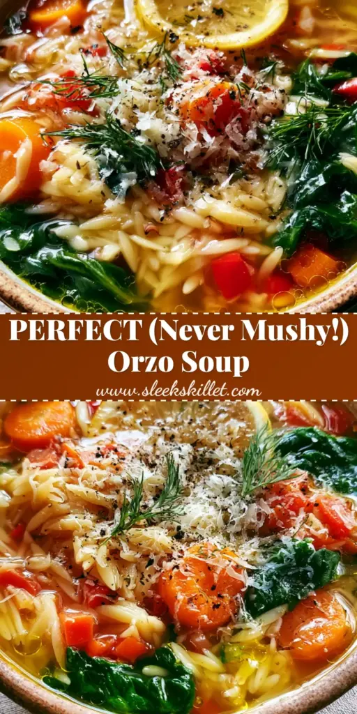 Vegetable Orzo Soup: The Ultimate Golden Broth Recipe 3 A steaming rustic ceramic bowl of Vegetable Orzo Soup with a clear golden broth, carrot rounds, red peppers, wilted spinach, and a lemon wheel garnish.