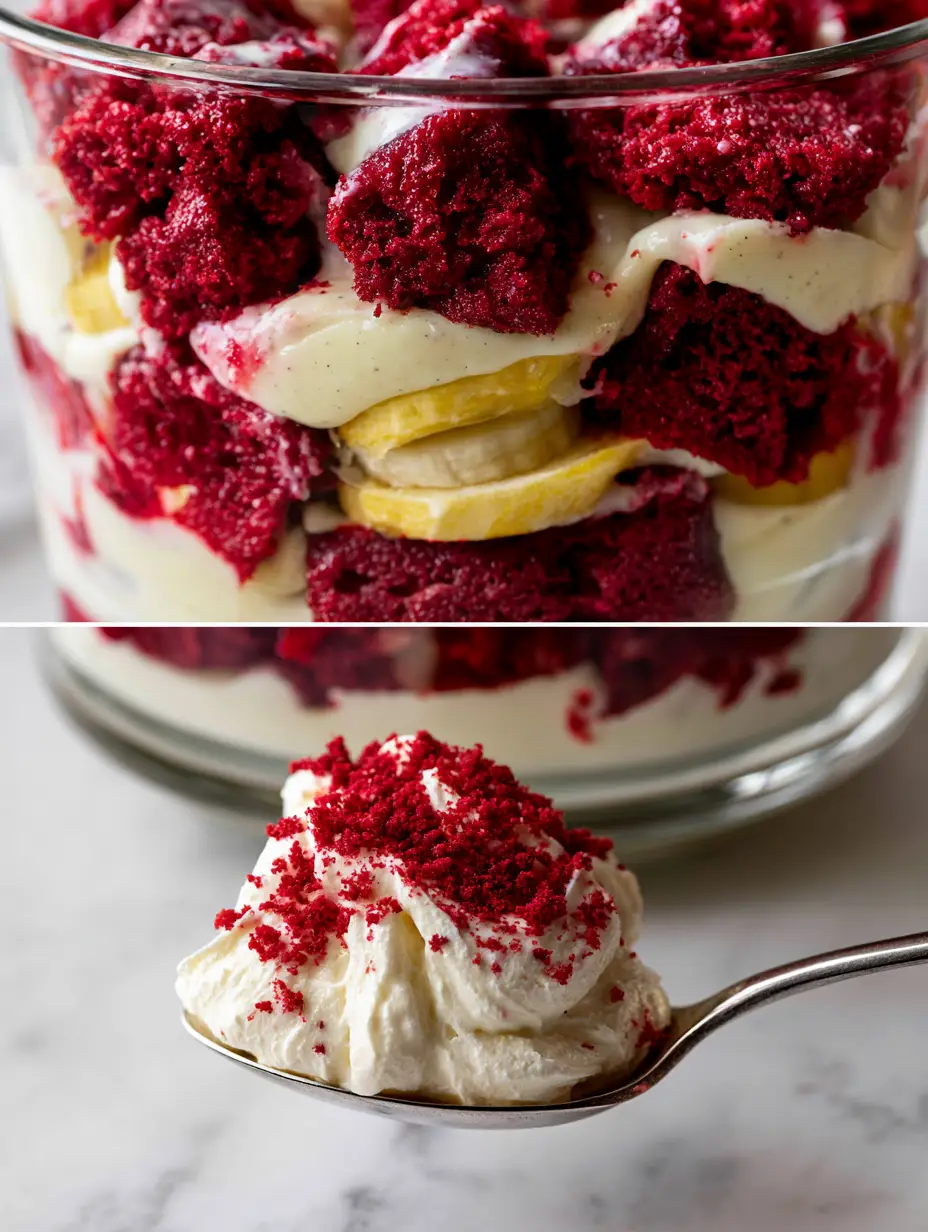 Red Velvet Banana Pudding: The Ultimate Creamy Layered Dessert 3 Macro close-up of Red Velvet Banana Pudding layers including vibrant crimson cake, ivory vanilla pudding, and yellow bananas.