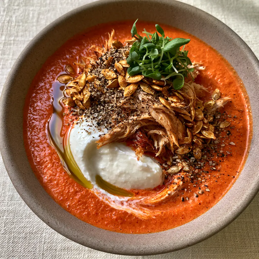 high protein soups: Creamy Roasted Red Pepper and Rotisserie Chicken Soup 2 Vibrant orange-red creamy soup in a stone bowl with a yogurt swirl and micro-basil. (high protein soups)