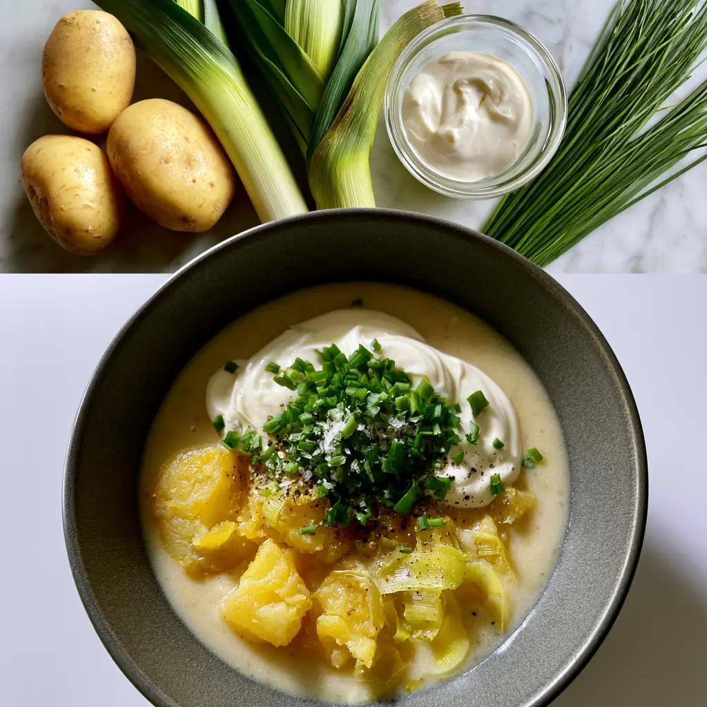 Vegetarian Potato Soup Recipe with Smashed Yukon Golds and Leeks 2 A split-view showing raw Yukon Gold potatoes, leeks, and cream on top, and the finished velvety Vegetarian potato soup recipe on the bottom.