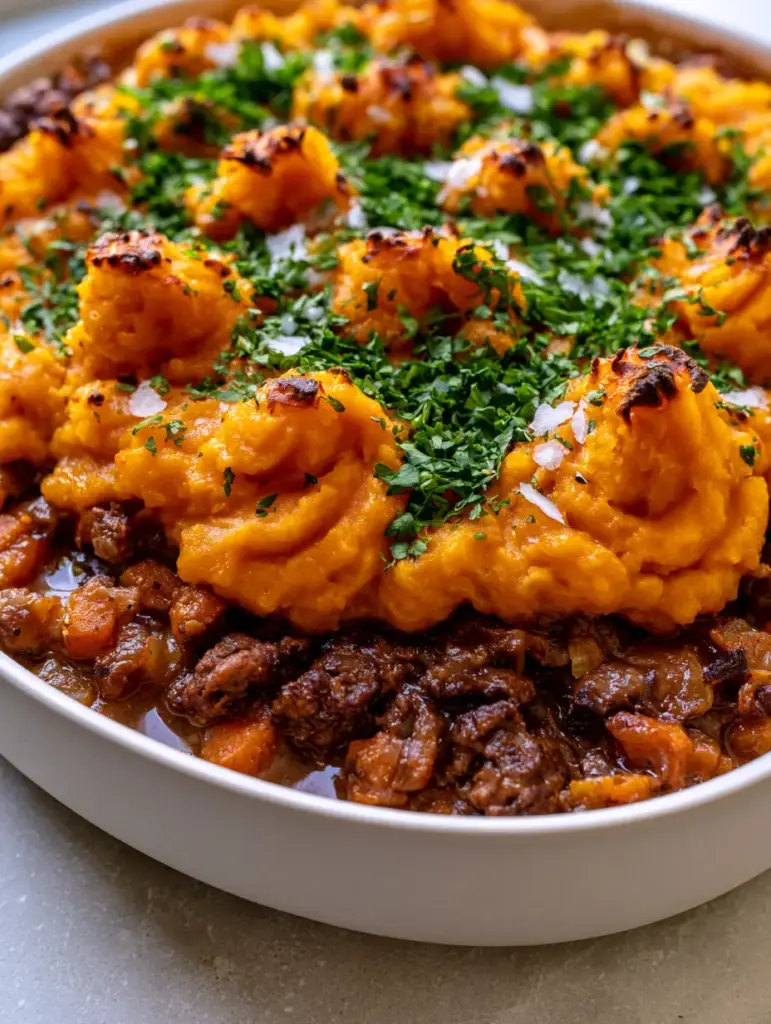 Paleo Sweet Potato Shepherd's Pie: The Ultimate Comfort Food Recipe 2 Detailed view of the layers of a Paleo sweet potato shepherd's pie showing seared beef and vibrant orange potato mash.
