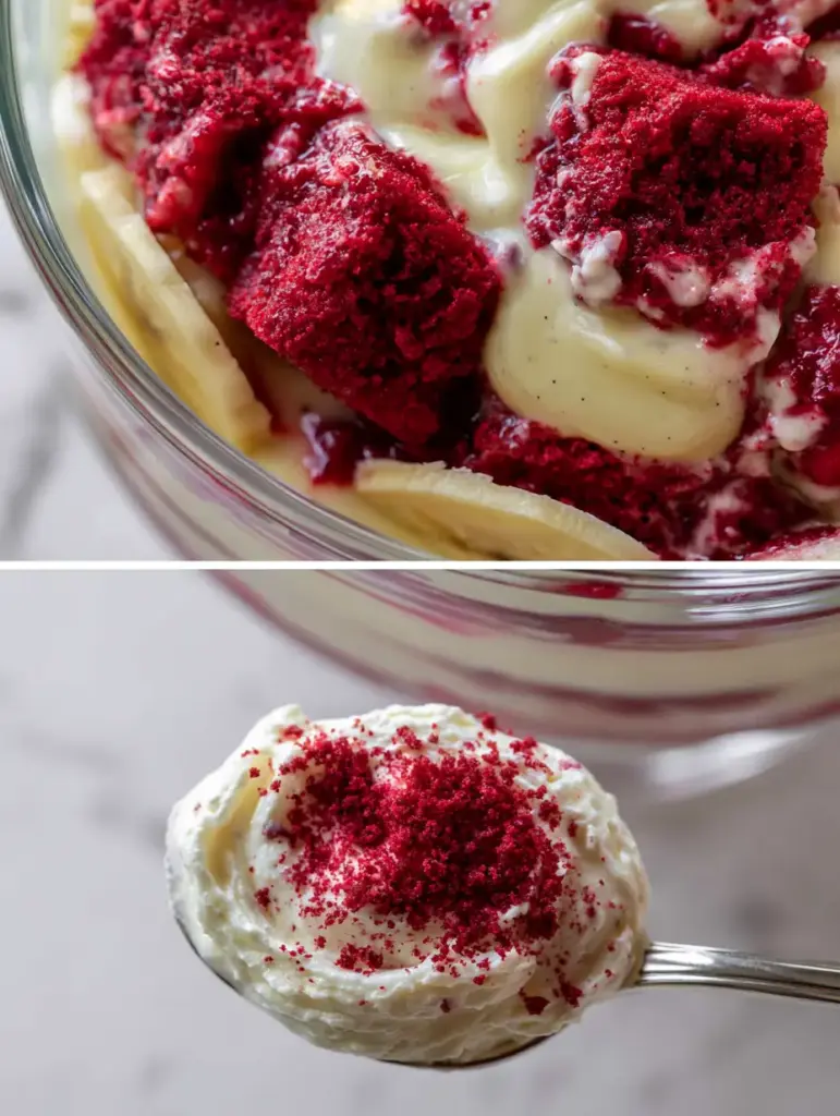 Red Velvet Banana Pudding: The Ultimate Creamy Layered Dessert 1 A silver spoon scooping a large portion of Red Velvet Banana Pudding topped with fine red velvet crumbs.