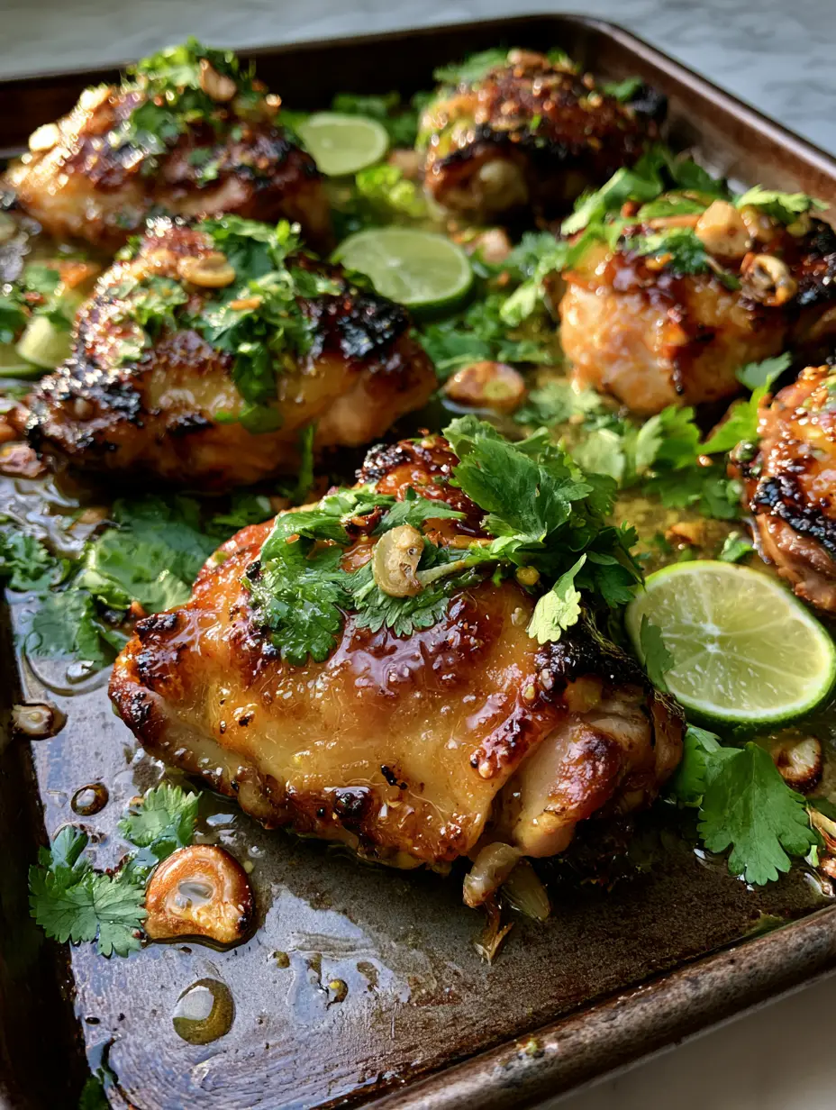 Cilantro Lime Chicken Thighs with Crispy Charred Skin 4 Overhead shot of cilantro lime chicken thighs on a sheet pan showing visible charred edges and glistening lime glaze droplets.