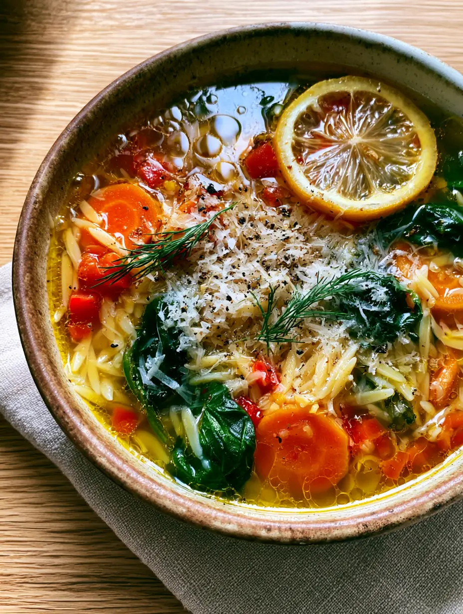 Vegetable Orzo Soup: The Ultimate Golden Broth Recipe 4 Smartphone photo of Vegetable Orzo Soup in a ceramic bowl, showing shimmering olive oil droplets and micro-planed parmesan. (Vegetable Orzo Soup)