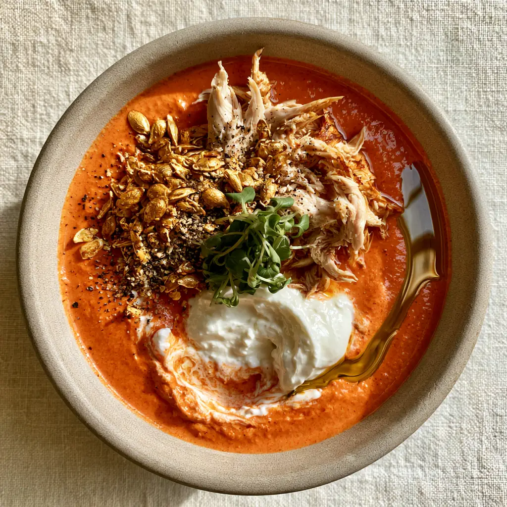 high protein soups: Creamy Roasted Red Pepper and Rotisserie Chicken Soup 1 Close up of shredded rotisserie chicken and pumpkin seeds on top of a creamy red pepper soup.