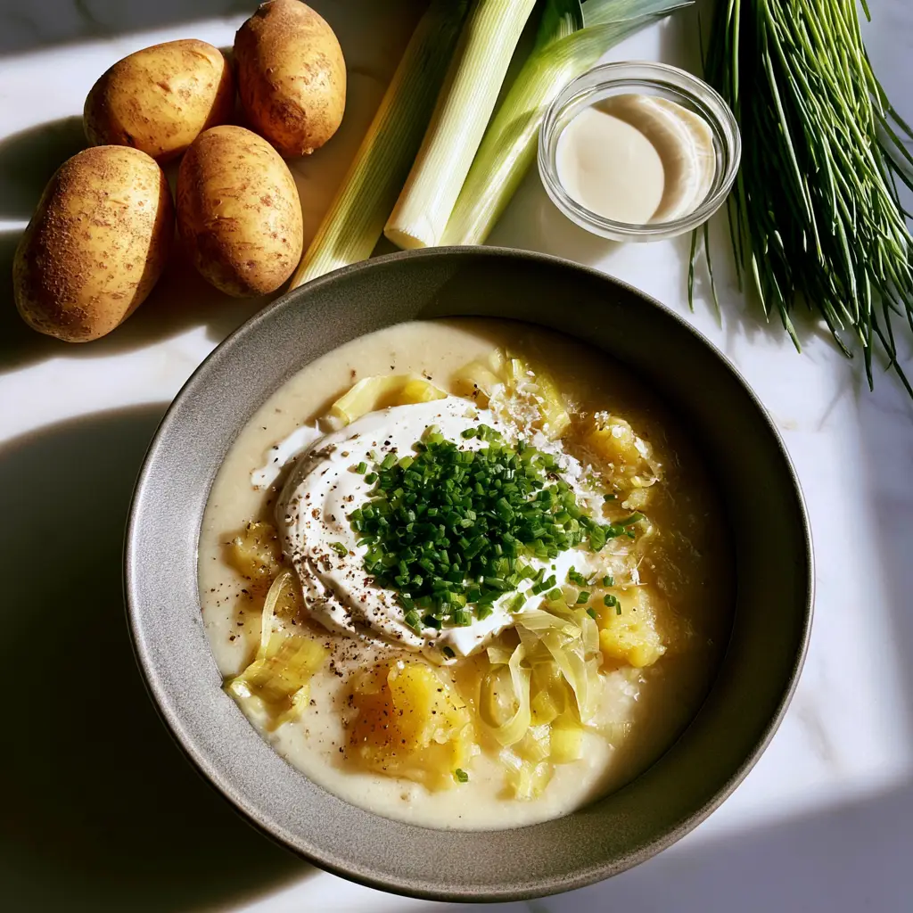 Vegetarian Potato Soup Recipe with Smashed Yukon Golds and Leeks 1 Close-up of hand-smashed golden potato pieces and leek ribbons inside a thick ivory soup base.
