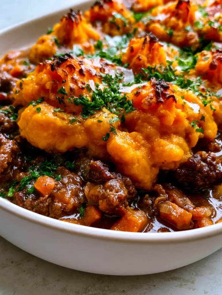 Paleo Sweet Potato Shepherd's Pie: The Ultimate Comfort Food Recipe 1 Side view of Paleo sweet potato shepherd's pie highlighting the charred edges of the potato topping and the salt flakes.