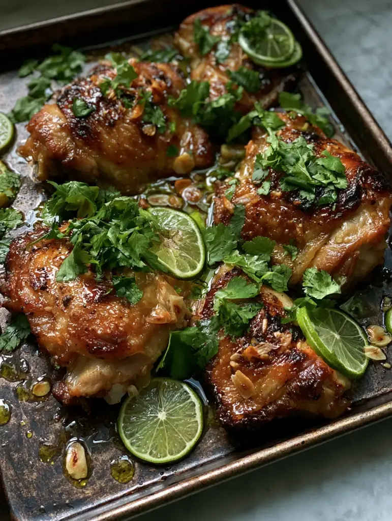 Cilantro Lime Chicken Thighs with Crispy Charred Skin 1 Close-up of crispy skin-on chicken thighs featuring toasted garlic slivers and cracked black pepper.