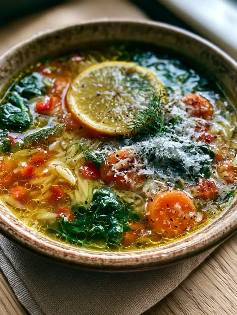 Vegetable Orzo Soup: The Ultimate Golden Broth Recipe 1 Close-up of Vegetable Orzo Soup focusing on carrot medallions, diced red bell peppers, and fresh dill sprigs.