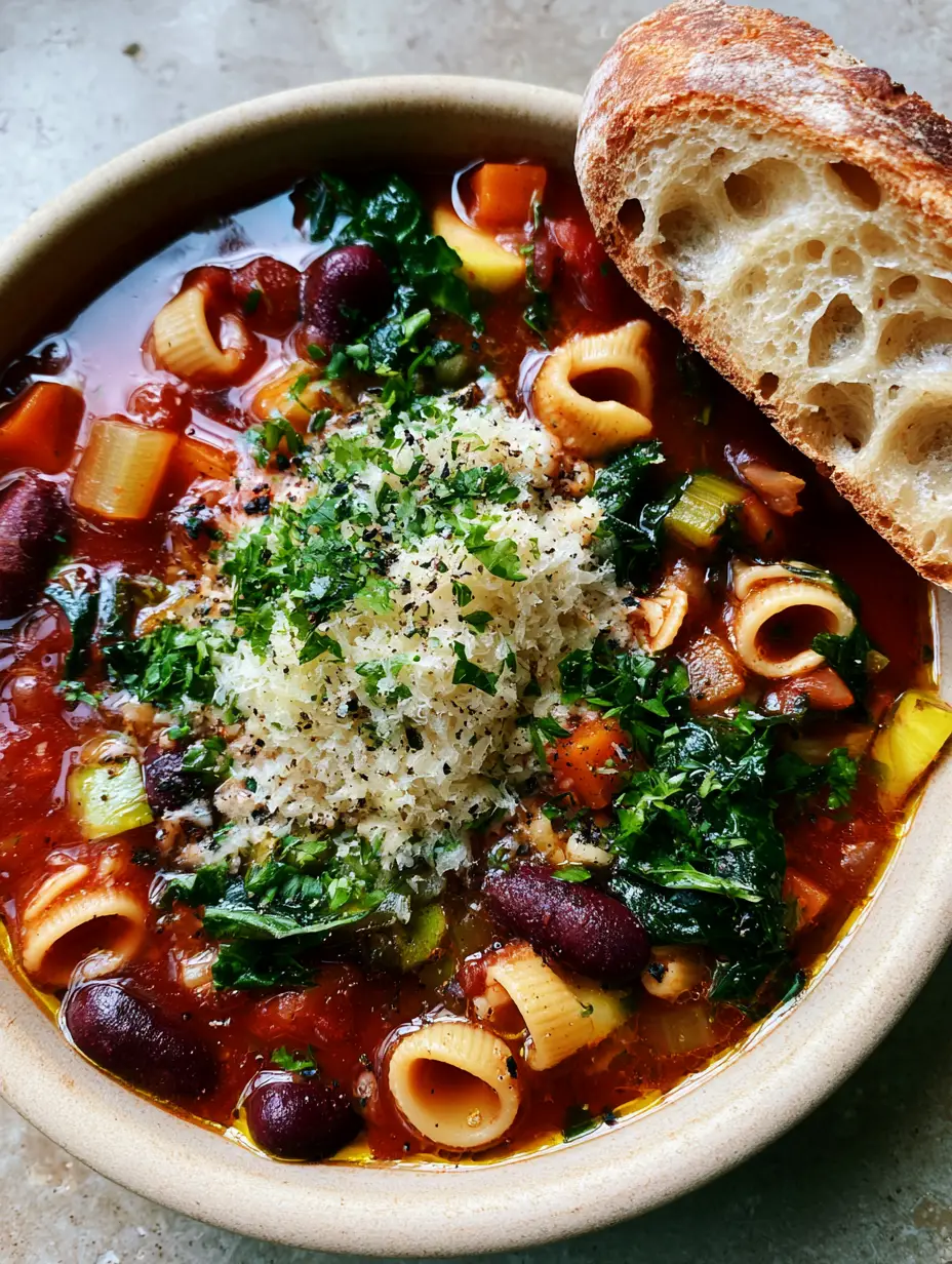 Top-down view of minestrone soup in a cream ceramic bowl showing ditalini pasta, kidney beans, and vibrant green kale ribbons.