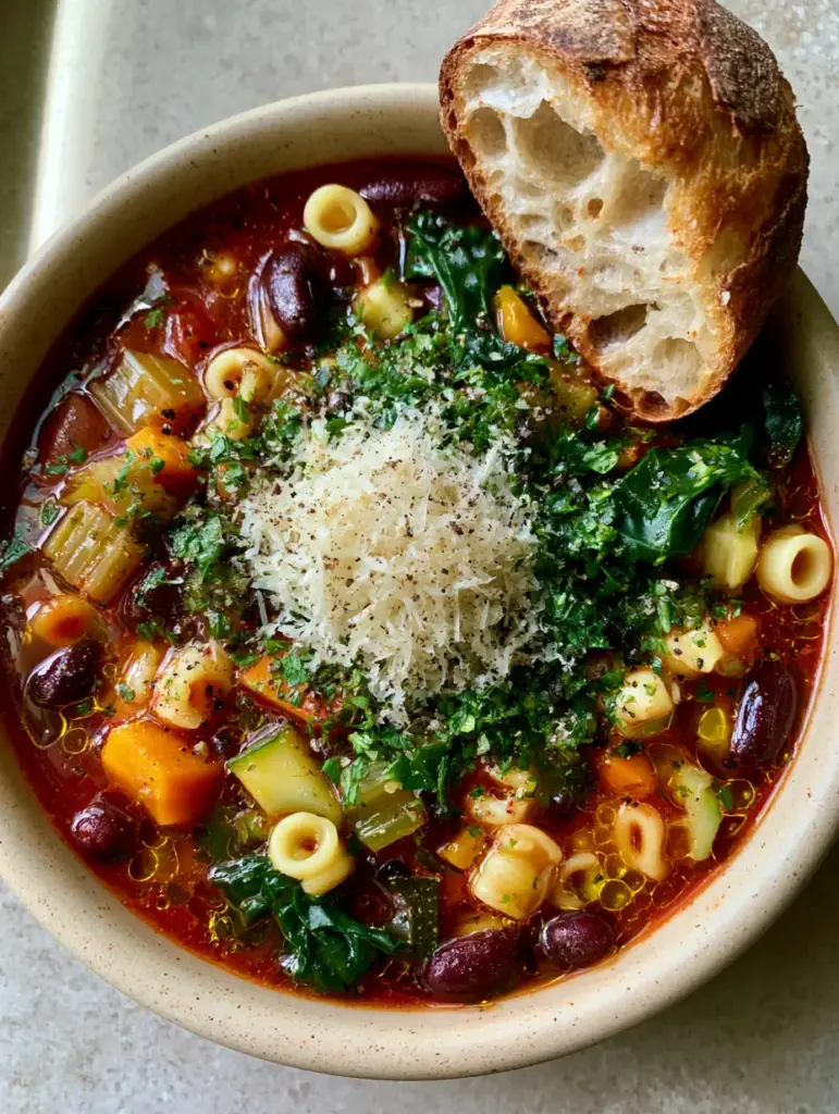 Rustic minestrone soup served with a toasted sourdough baguette slice on a grey stone background.
