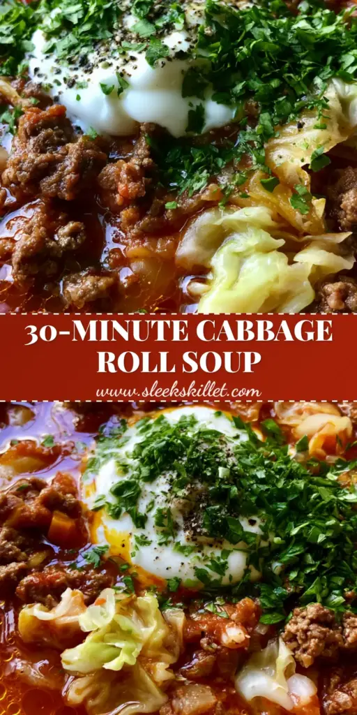 cabbage roll soup: The Ultimate Unstuffed Comfort Meal 4 A rustic white bowl of cabbage roll soup featuring seared beef, translucent cabbage ribbons, and a melting dollop of sour cream in a glossy tomato broth.