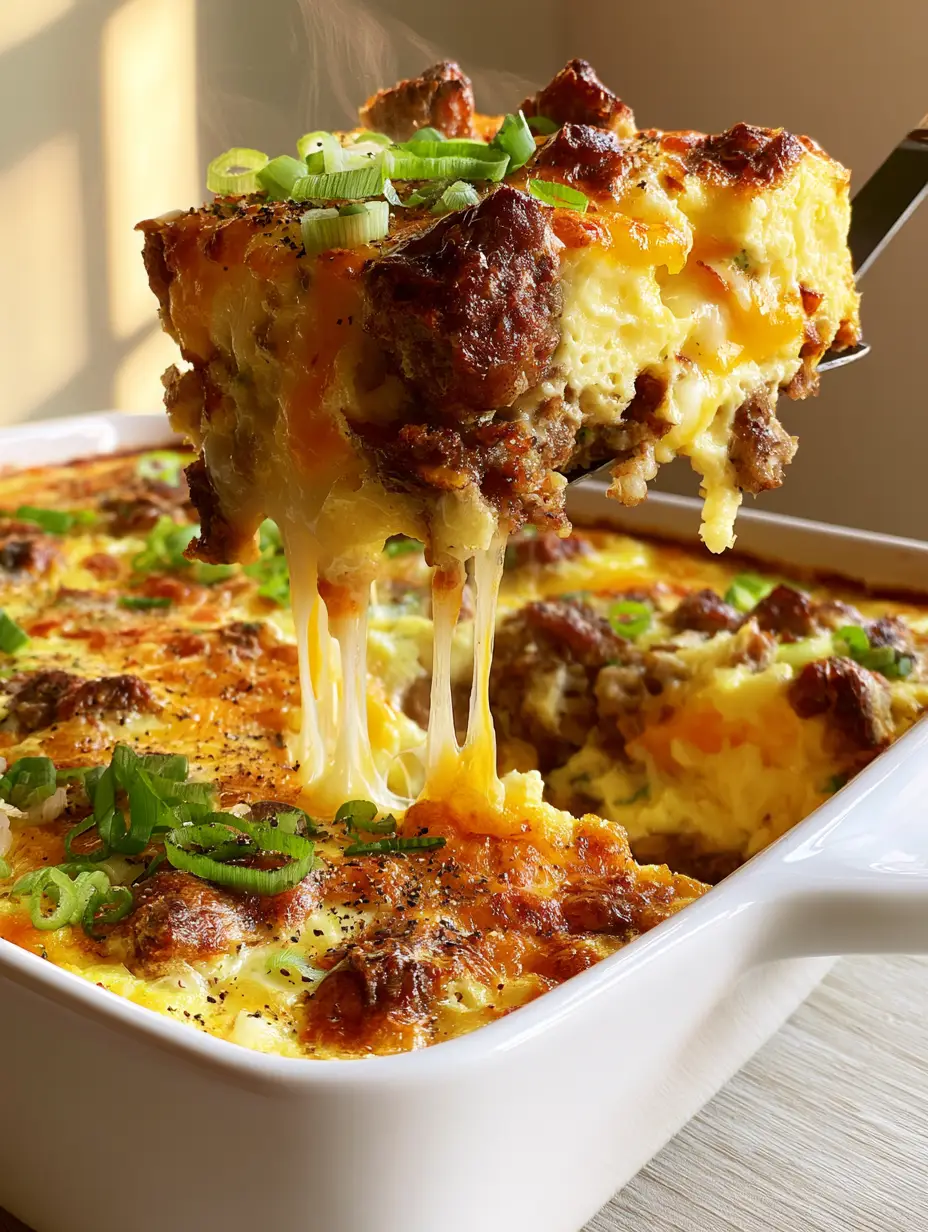 Egg and Sausage Breakfast Casserole with a Stretchy Cheese Pull 3 Close up of a cheesy egg and sausage breakfast casserole with golden-brown toasted cheese crust and green scallions.