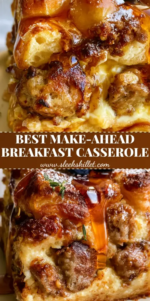 Sweet maple sausage breakfast casserole with Buttery Biscuits 3 A tall, vertical slice of Sweet maple sausage breakfast casserole showing golden biscuits, seared sausage, and dripping maple syrup on a matte cream plate.