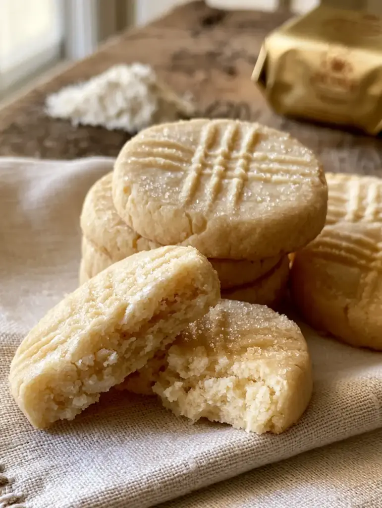 Shortbread Cookies Recipe: The Ultimate 3-Ingredient Buttery Classic 1 A stack of thick shortbread cookies on a linen napkin featuring perfectly sharp rectangular edges and cross-hatch patterns.