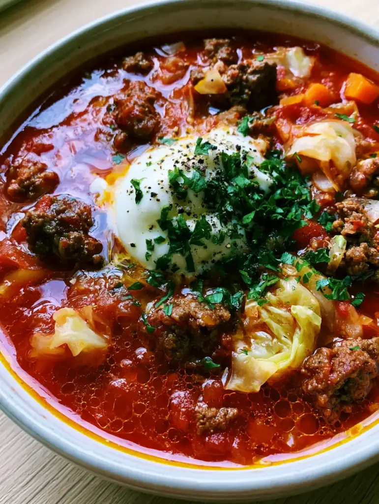 cabbage roll soup: The Ultimate Unstuffed Comfort Meal 2 Extreme close-up of cabbage roll soup showing vibrant red broth, golden oil droplets, and seared ground beef crumbles.