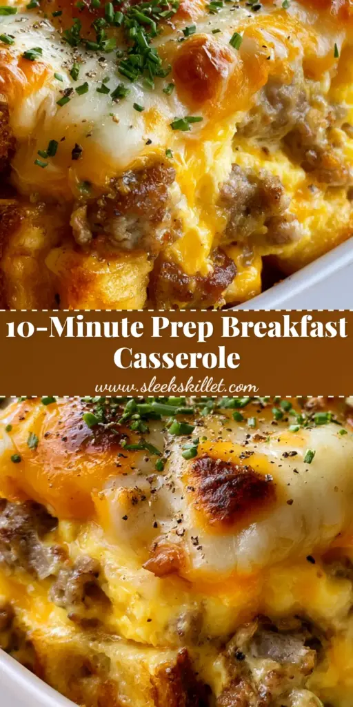 A thick slice of golden-brown sausage and cheese breakfast casserole with bubbly melted cheddar and fresh chives.