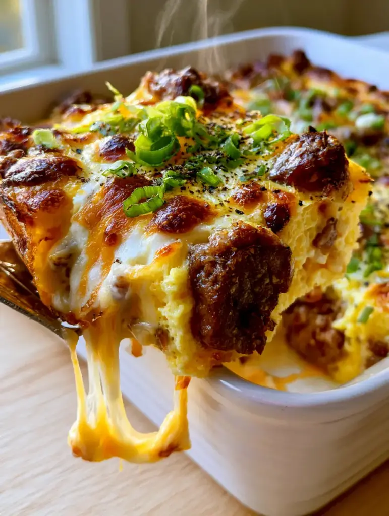 Egg and Sausage Breakfast Casserole with a Stretchy Cheese Pull 1 A handheld smartphone photo showing a hot slice of egg and sausage breakfast casserole with steam rising and melted cheese.