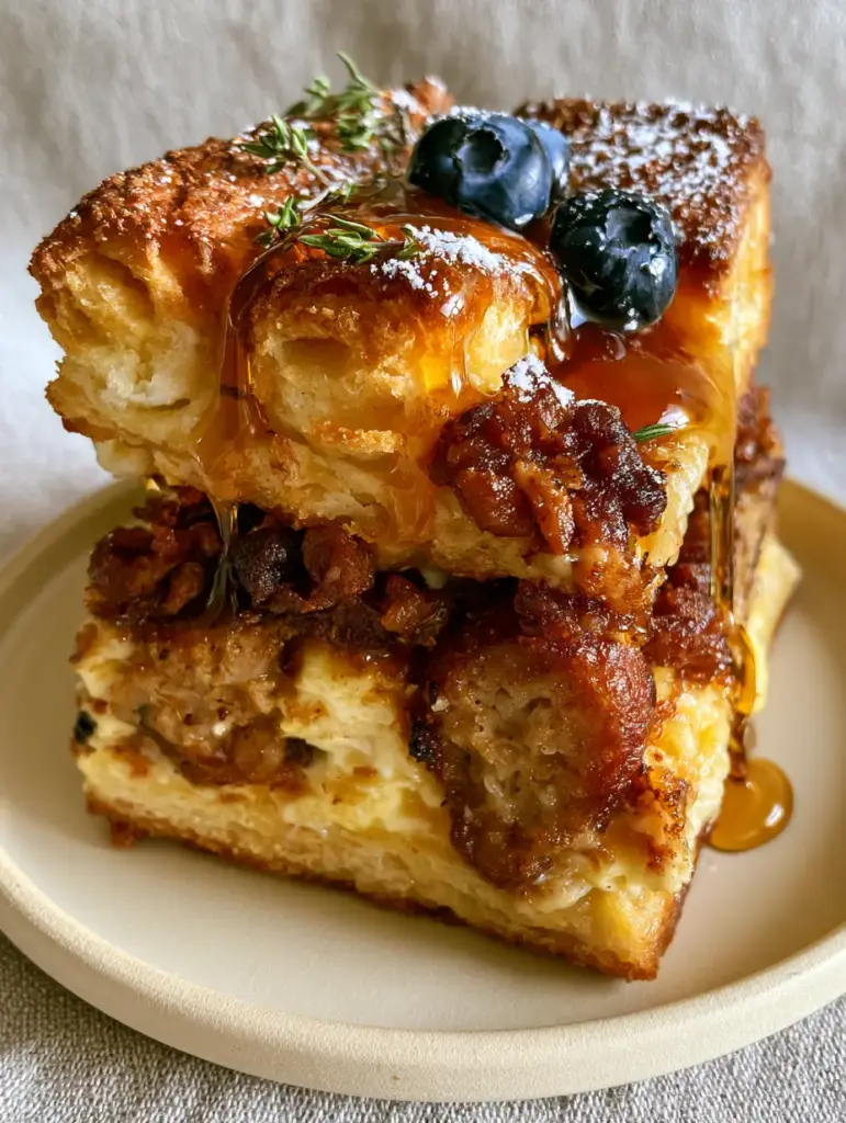 Sweet maple sausage breakfast casserole with Buttery Biscuits 2 Overhead view of Sweet maple sausage breakfast casserole with caramelized biscuit peaks and fresh blueberries.