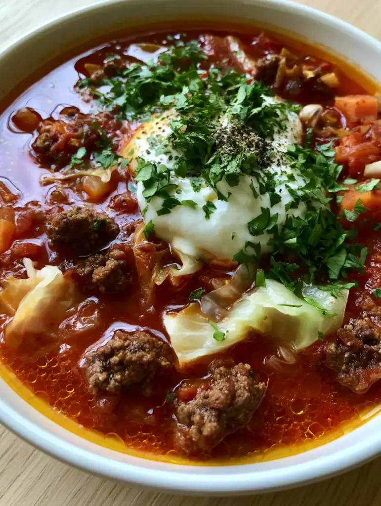 cabbage roll soup: The Ultimate Unstuffed Comfort Meal 1 Overhead shot of unstuffed cabbage roll soup garnished with fresh parsley and coarse cracked black pepper.